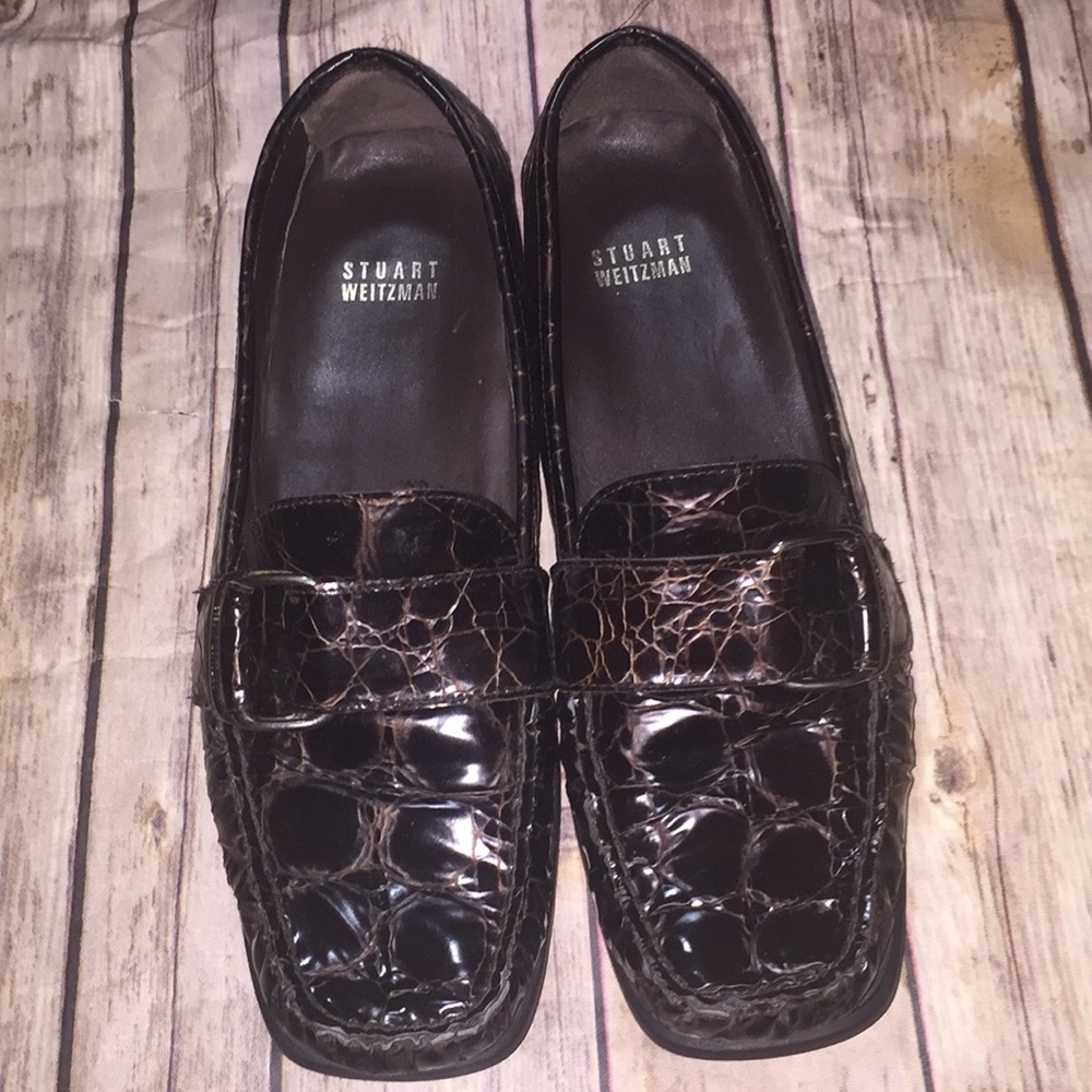 Stuart Weitzman Black Croc-Embossed Leather Loafers